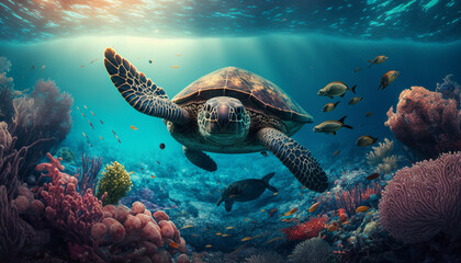 Naklejka na ściany i meble Illustration of a turtle swimming in shallow sea water. Through the cracks of the beautiful sea coral. The turtle is heading towards the beach for the purpose of laying eggs.
