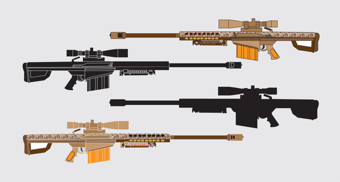 Set of guns Barrett M82 sniper rifle. Coloring page, and colorful clipart character. gun design for t-shirt print, icon, logo, label, patch, or sticker.