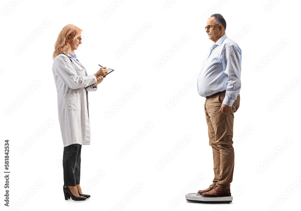 Sticker full length profile shot of a female doctor checking weight of a mature man standing on a scale