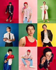 Collage of portraits of young man in different fashion style and images over coloured background. Concept of positive emotions, happiness, youth trends