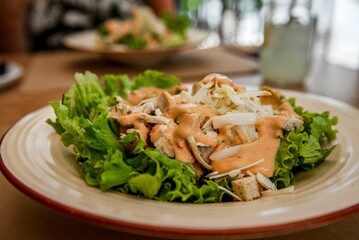 Delicious Caesar salad served on plate in restaurant