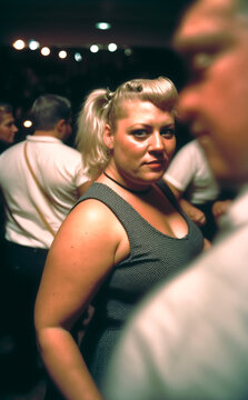 Vintage film photograph of a woman on the dancefloor at a Northern Soul night, generative AI