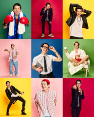 Hobbies. Collage of portraits of young man in different fashion style and images over coloured background. Concept of positive emotions, happiness, youth trends