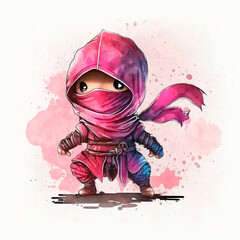 A watercolor illustration of a cute pink ninja for kids - obrazy, fototapety, plakaty