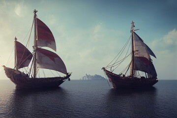 Plakat Old wooden pirate sailing ship viewed from starboard side. Isolated 3D illustration. Generative AI