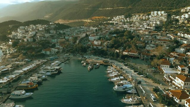 Aerial panoramic shot of harbor of Kas, Turkey