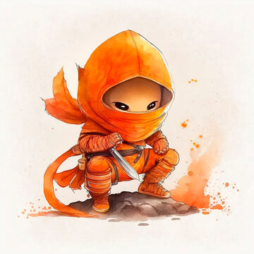 A watercolor illustration of a cute orange ninja for kids