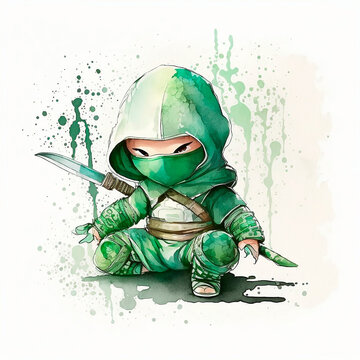 A watercolor illustration of a cute green ninja for kids