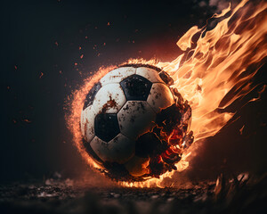 Burning soccer ball in goal with flaming net, football champion league