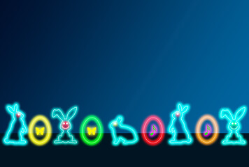 colorful digital Easter eggs and bunnies, creative digital holiday design on the futuristic background with copy space