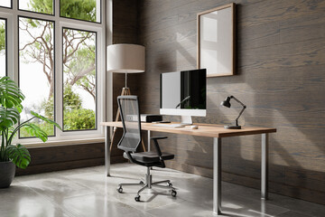 comfortable workplace with pc standing on wooden desk in office at home; bright sunlight shines through large window; wall; with canvas copy space;  remote work freelance concept; 3D Illustration