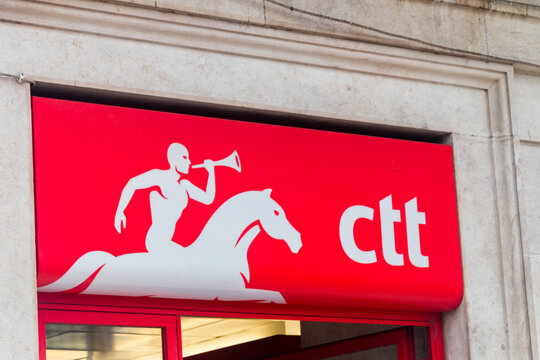 Lisbon, Portugal - December 5, 2022: Logo and sign of CTT Correios de Portugal, S.A., CTT &ndash; Post of Portugal.