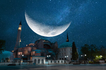 Hagia Sophia with crescent moon and milky way. Ramadan or islamic photo