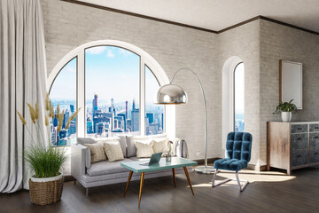 luxurious loft apartment with arched window and panoramic view over urban downtown; noble interior living room design mock up; 3D Illustration