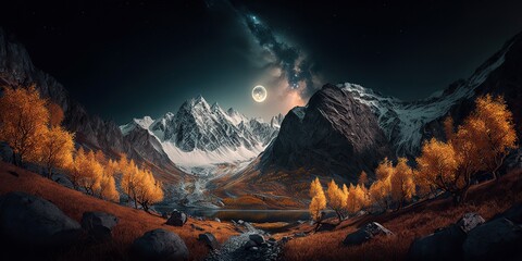 Panoramic Mountain Landscape in Autumn, Generative AI