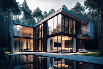 View of Beautiful modern House in the forest with Pool, Generative AI