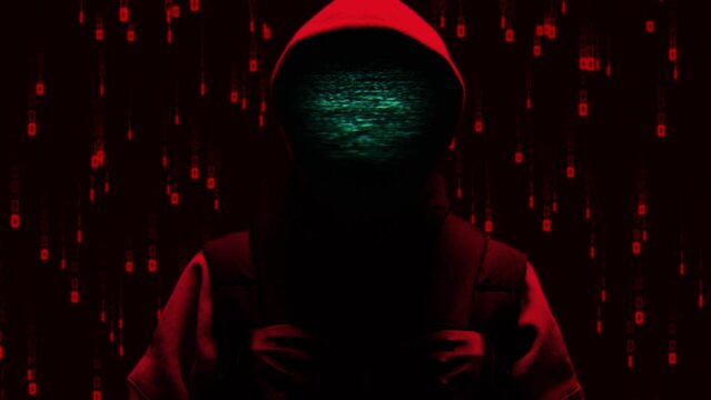 Computer hacker with hoodie. Computer abstract digital code at the background. Darknet fraud and cryptocurrency bitcoin concept. Cybersecurity and data protection in social network