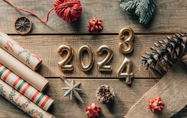 Top view of golden New year 2024 numbers on wooden background with christmas decorations