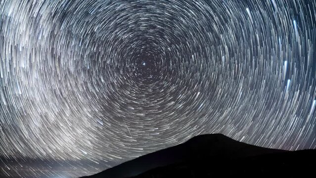 八丈富士の上を流れる星空の軌跡のタイムラプス　天の川　北斗七星　北極星　八丈富士