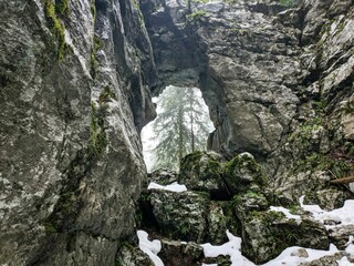 Rock formation in Golubinjak forest park in winter.