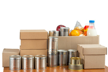 Help Collection Center, Free Food Distribution. Volunteering, food donation box grocery set for...