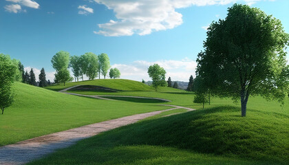Fototapeta na wymiar Morning Spring Landscape featuring Blue Sky and Green Grass Field, Generative AI