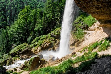Close-up shot of a waterfall in Julian alps in Slovenia