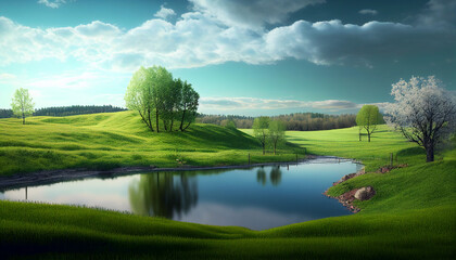 Morning Spring Landscape featuring Blue Sky and Green Grass Field, Generative AI
