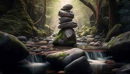 Obraz premium Tranquil Stacked Zen Stones and Pebble Rocks in a Serene Stream, Generative AI