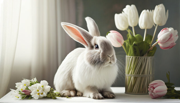 Easter Bunny on a table with pastel flowers and tulpes