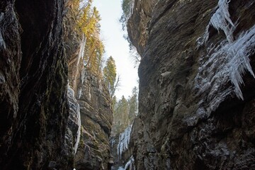 Partnacklamm Gorge in Garmisch-Partenkirchen, Germany with ice hanging from the edge of cliffs