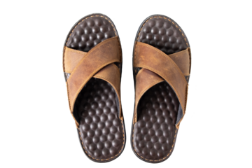 Top view men sandals brown leather flip flop shoes isolated on transparent background