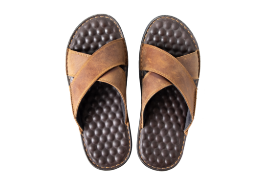 Top view men sandals brown leather flip flop shoes isolated on transparent background