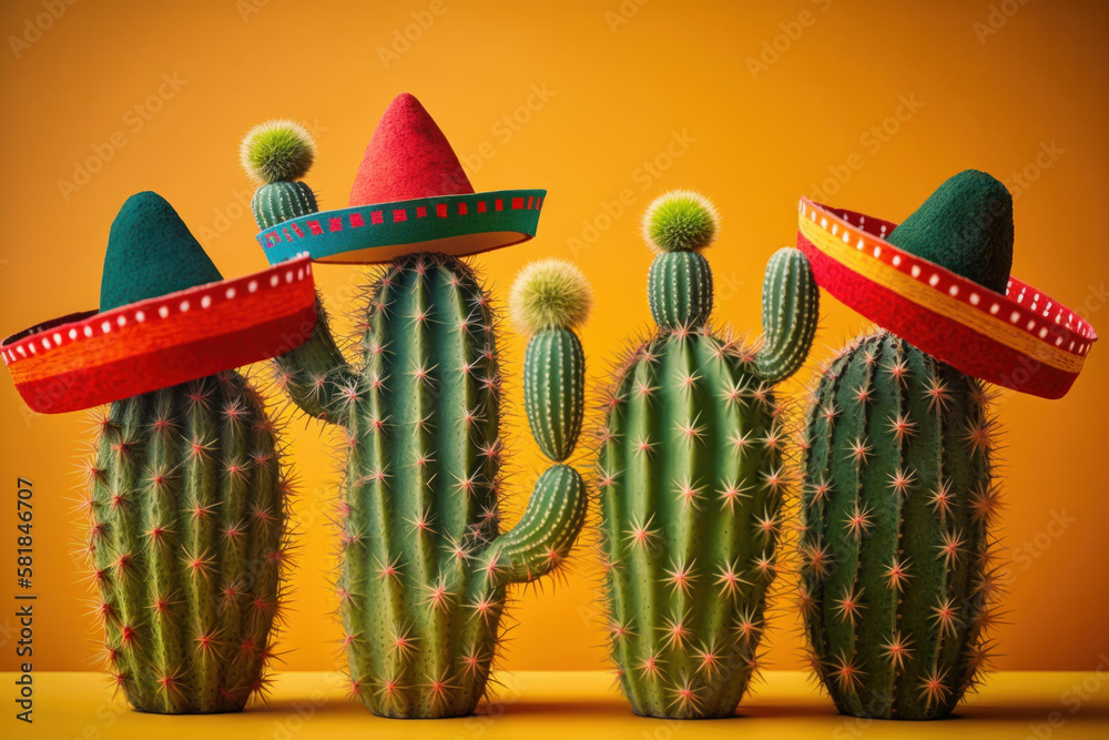 Poster Cactus wearing a mexican sombrero hat. Cinco de mayo celebration background. Generative ai