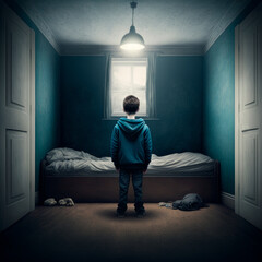 Sad and bored child locked in his room unable to go out. Generative ai Child abuse concept, absent parents, loneliness...