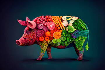 Pig figure made with fruits and vegetables on black background, generative ai. Vegetable meat concept, climate change, veganism, healthy diet...