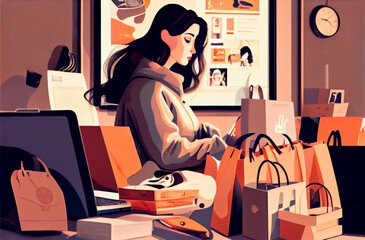 Young female with dark hair in casual clothes in a room full of online purchases and various bags. Concept of compulsive buying, waste of money, buy online, capitalism...