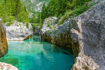 Fototapeta na wymiar Emerald-colored water at the Great Soca Gorge in Slovenia surrounded by lush trees and mountains
