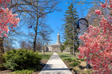 The campus of Penn State University with spring flowers in sunny day, State College, Pennsylvania. - 581847374