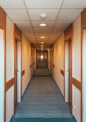 Empty hotel hallway with wooden doors