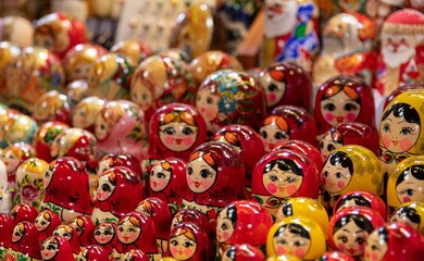 Closeup of Russian nesting dolls or Matryoshka dolls for sale in store