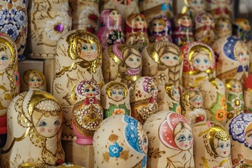 Closeup of Russian nesting dolls or Matryoshka dolls for sale in store