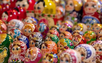 Fototapeta na wymiar Closeup of Russian nesting dolls or Matryoshka dolls for sale in store