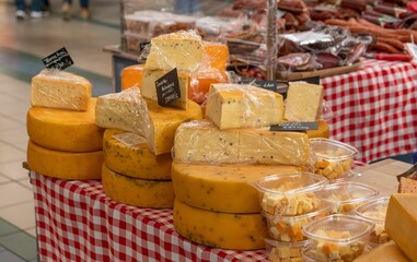 Closeup shot of stacks of cheese wheels on sale in a market