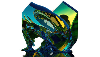 Abstract fluid glass sculpture in blue, green, and gold, isolated with reflection and transparent background. Created using Generative AI