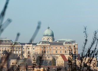 Selective focus of a Buda castle on castle hill in Budapest, Hungary