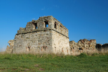 Stone ruins in Pniv Castle - medieval historical object in western Ukraine