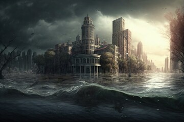 Obraz premium Flooded city illustration, post apocalyptic scene, dystopia. Generative AI