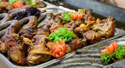 Pig trotters and sausages for sale on a street food stall at Christmas market in Budapest, Hungary.