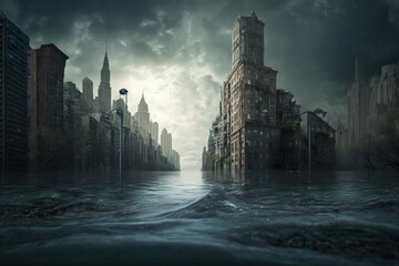 Illustration of city destroyed and flooded by sea water, concept of apocalypse, end of the world. Generative AI